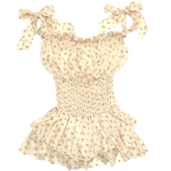 Floral Off-Shoulder Smocked Ruffle Fit-and-Flare Romper Bow Tie Straps XS - Picture 1 of 11